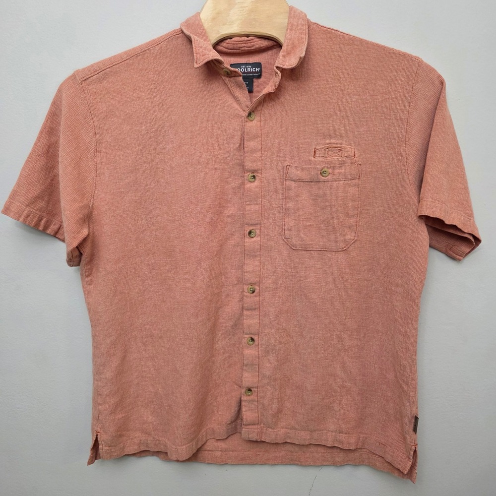 Woolrich Button Down Mens XL Salmon Textured Cotton Short Sleeve Outdoor Casual